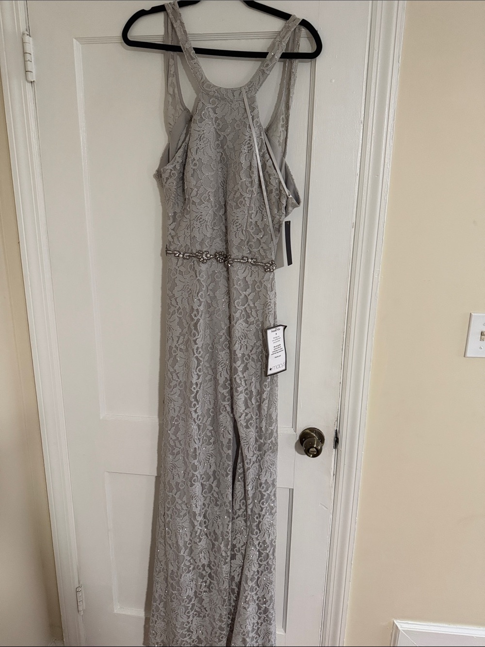 City Studio Gray Lace Maxi Dress with Beaded Waist